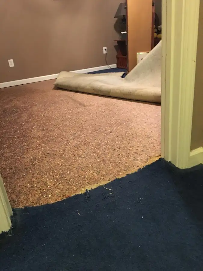 Carpet pad removal revealing water damage during Water Mitigation Services in Searcy